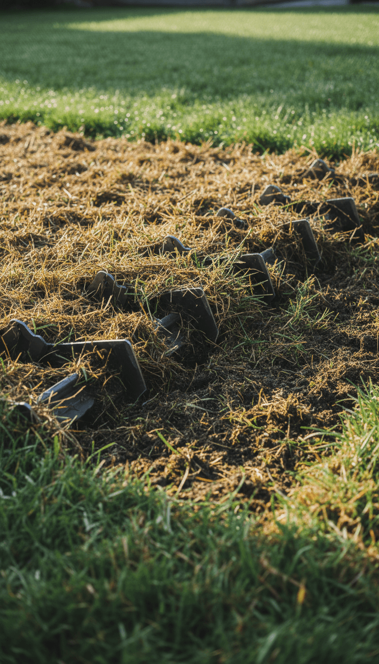 Scarifier tines cutting through thatch in a residential lawn