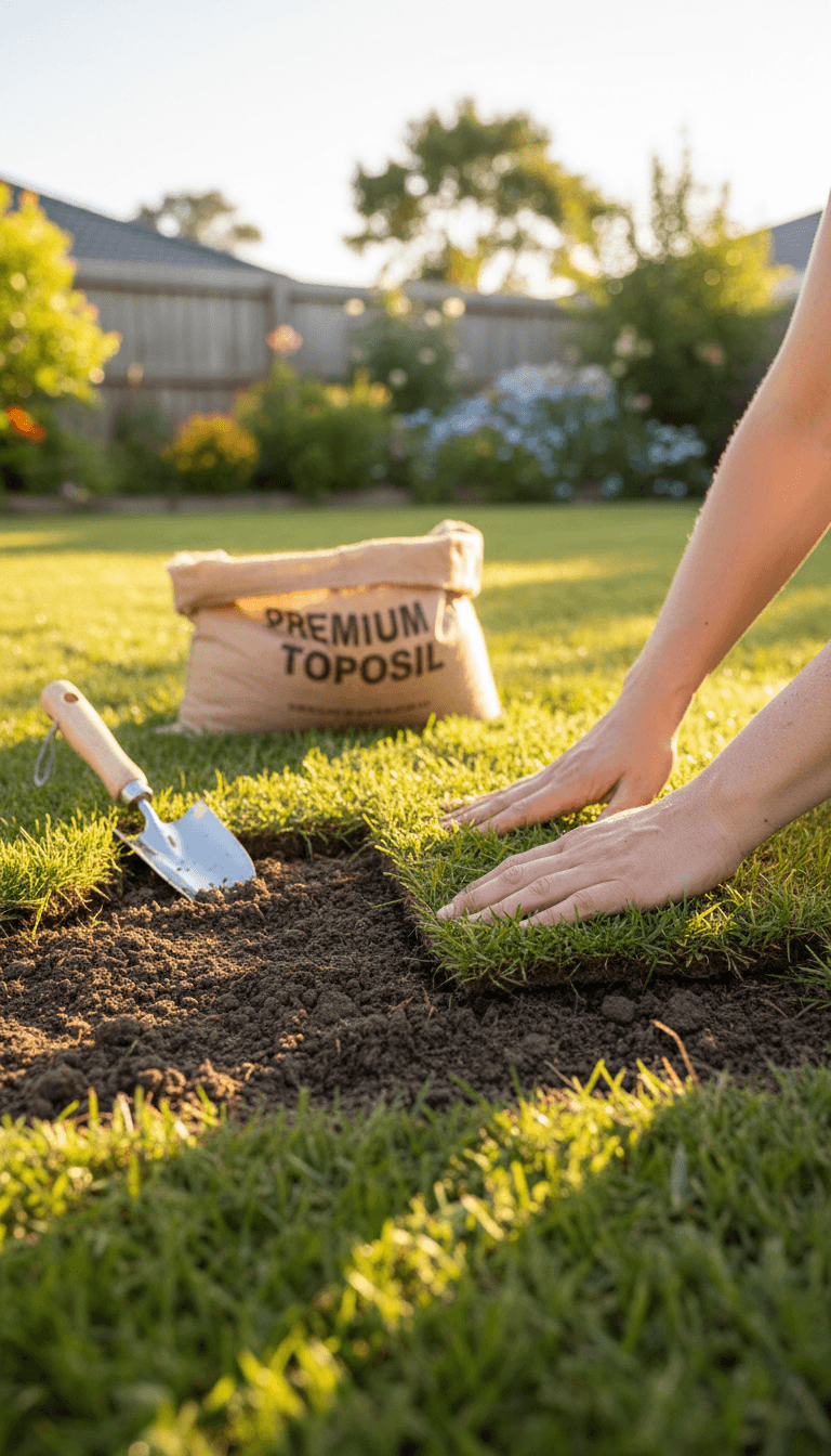Hands placing fresh sod into a prepared patch of lawn