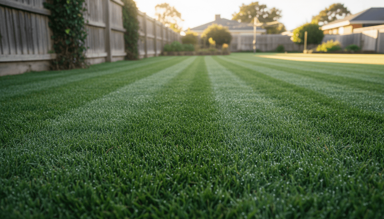 Bright green renovated lawn with fresh mowing stripes in a residential backyard
