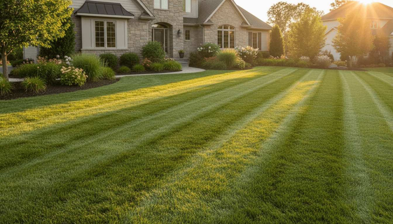Freshly mowed residential lawn in Tatura with precise striping patterns and well-maintained garden beds