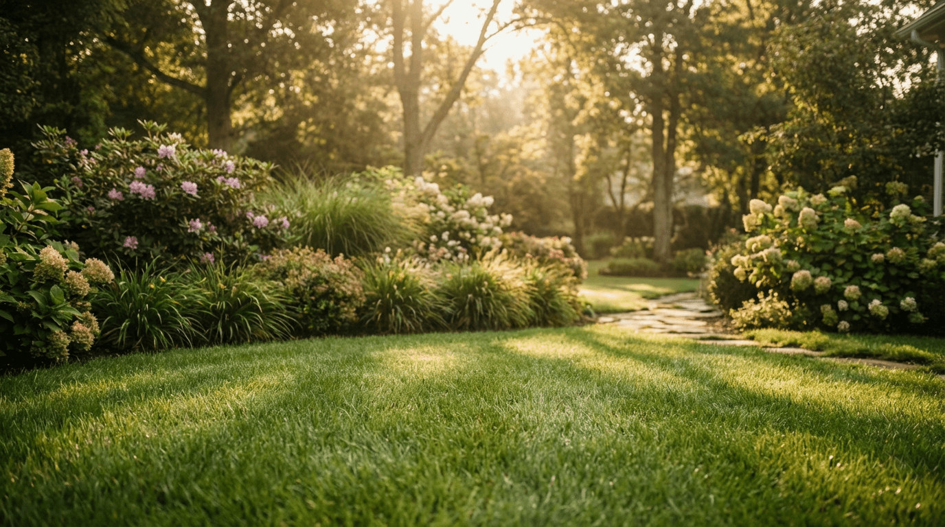 Well-maintained residential lawn with crisp mowing lines and healthy garden beds