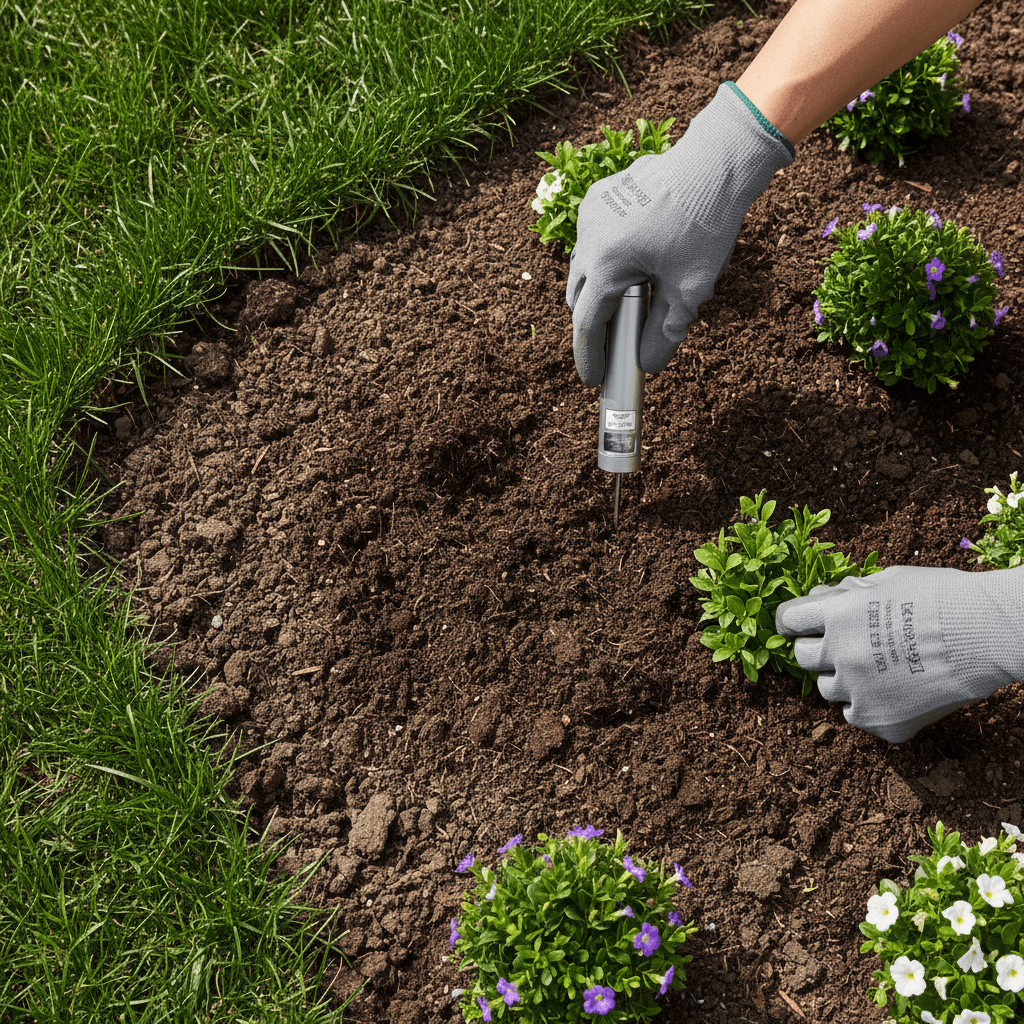 Fertiliser being applied to a green lawn